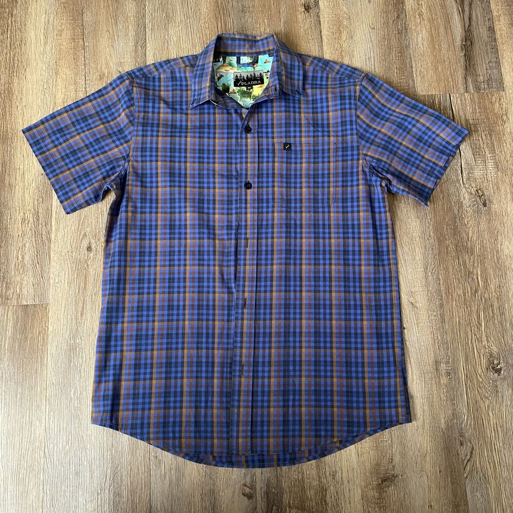 Pladra Mens Short Sleeve Blue Orange Plaid Button Up Fishing Shirt Medium